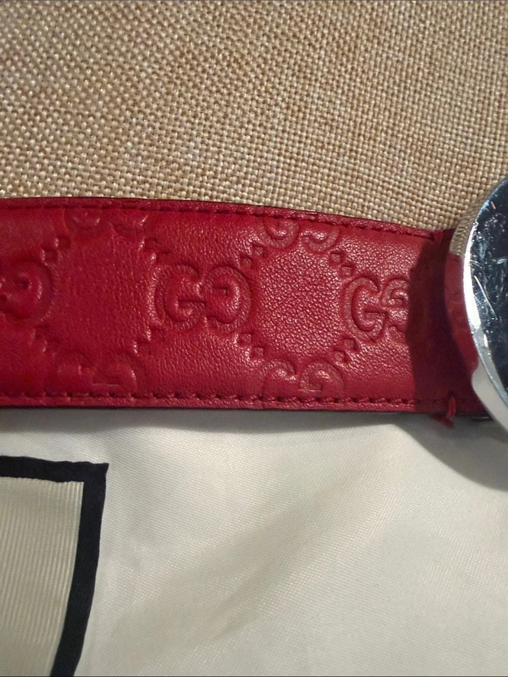 GUCCI WOMENS RED BELT SZ 85 Embossed GG BELT worn twice!Excellent. Dust bag too!